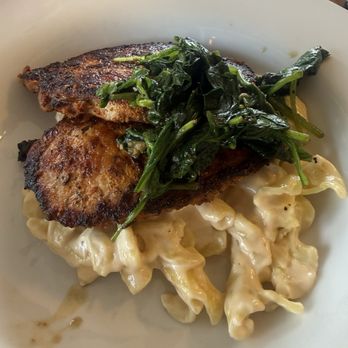 Old Man Rivers Table and Tavern - Meat and Two - Blackened Pork Chop, Mac and cheese and spinach - Southern Near Me - Chattanooga, Tennessee Old Man Rivers Table and Tavern - Meat and Two - Blackened Pork Chop, Mac and cheese and spinach - Southern Near Me - Chattanooga, Tennessee