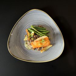 Chilean Sea Bass, Quinoa, Tomato-Cucumber-Kizami Wasabi Salsa, Haricot Vert, Chard Fennel, Pernod Sauce, Beurre Blanc