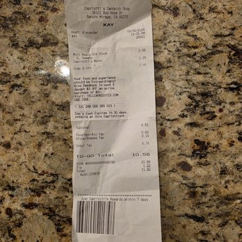 Capriotti's Sandwich Shop - Ilene server receipt - Sandwiches Near Me - Rancho Mirage, California Capriotti's Sandwich Shop - Ilene server receipt - Sandwiches Near Me - Rancho Mirage, California