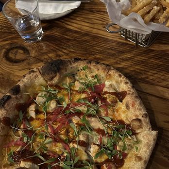 Wheat & Water - BBQ Chicken pizza and truffle fries from the happy hour menu - Pizza Near Me - La Jolla, California Wheat & Water - BBQ Chicken pizza and truffle fries from the happy hour menu - Pizza Near Me - La Jolla, California