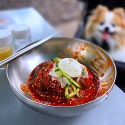 Kong Tofu & BBQ - #50 Bibim Naengmyeon: Spicy Cold [Buckwheat] Noodles w/ radish, cucumbers, half boiled egg | $18.99 (sloppy plating but hits on a warm day)