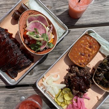 Wood's Chapel BBQ - Half rack ribs, chopped brisket, watermelon salad, beans, collards, cheerwine/whiskey slush, vodka strawberry lemonade slush - Barbeque Near Me - Atlanta, Georgia
