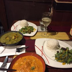 Shrimp curry, paneer saag