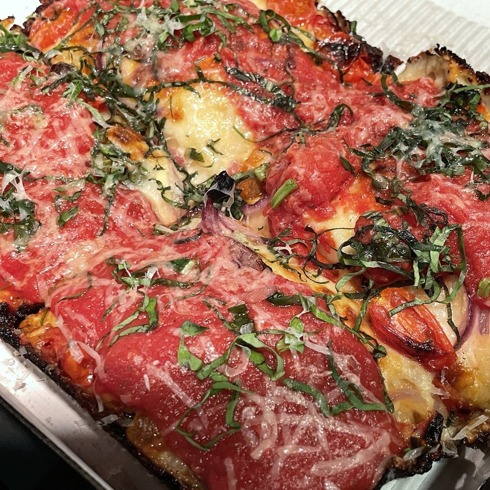 San Pedro Social - Margherita pizza Detroit style - Bowling Near Me - San Jose, California San Pedro Social - Margherita pizza Detroit style - Bowling Near Me - San Jose, California