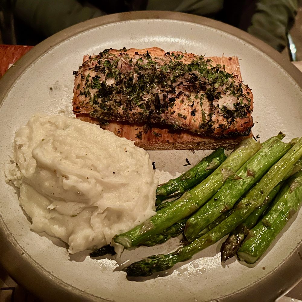 Pace - Cedar Plank Salmon with whipped potatoes and asparagus. - Italian Near Me - Los Angeles, California Pace - Cedar Plank Salmon with whipped potatoes and asparagus. - Italian Near Me - Los Angeles, California