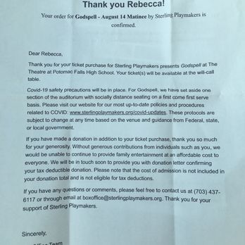 Sterling Playmakers - Receipt from online purchase - Performing Arts Near Me