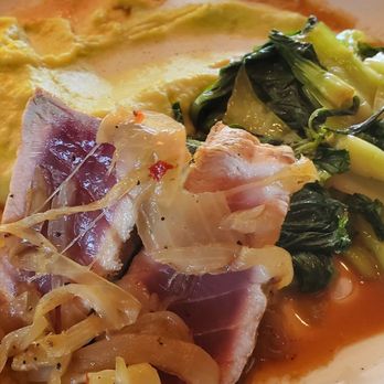 Monkeypod Kitchen - Seared ahi steak with jalapeño mashed potatoes and sautéed mustard cabbage - Hawaiian Near Me - Kapolei, Hawaii Monkeypod Kitchen - Seared ahi steak with jalapeño mashed potatoes and sautéed mustard cabbage - Hawaiian Near Me - Kapolei, Hawaii