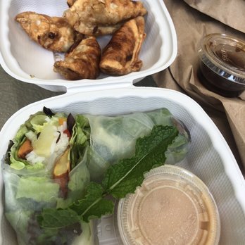 Freshroll - Sweet potato and pineapple fresh roll and veggie dumplings, only 2 of the many things we tried today - Juice Bars & Smoothies Near Me - Mashpee, Massachusetts