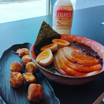 Ramen 4 Real - Pork siomai, spicy pork jigoku special and white peach calpico - Ramen Near Me - Reno, Nevada
