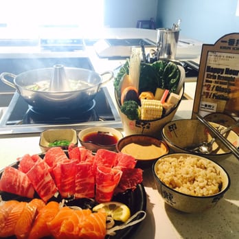 IShabu Shabu - Combo plate of salmon and Kobe beef, brown rice and Konbu broth - Hot Pot Near Me - Redondo Beach, California IShabu Shabu - Combo plate of salmon and Kobe beef, brown rice and Konbu broth - Hot Pot Near Me - Redondo Beach, California