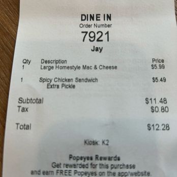 Popeyes - Receipt - Fast Food Near Me - Newton, Massachusetts Popeyes - Receipt - Fast Food Near Me - Newton, Massachusetts