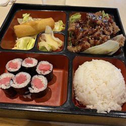 Rainbow Sushi - Bento Box with Japanese Spring Roll, Tuna Sushi and Sesame Beef