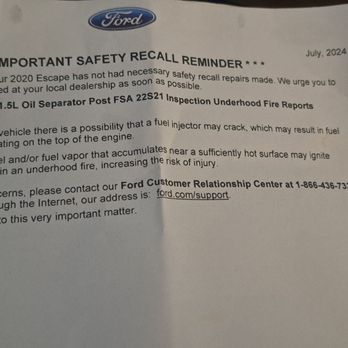 El Cajon Ford - Recall for fuel injector that Lamar said was not for my car. - Auto Repair Near Me - El Cajon, California