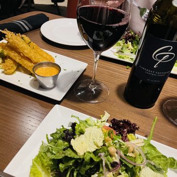 Bennett's Westside Grill - Big bang tempura shrimp, house salad and CP wine - American Near Me - Rocklin, California