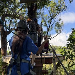 Got to cross a hanging bridge to go to the higher levels. Super safe and still connected the entire way to the zip lines.