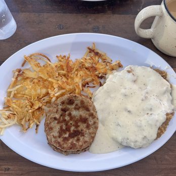 Little Fork in the Road Cafe - Chicken fried steak, extra crispy hash browns with sausage pattys. - Cafes Near Me - Greer, Arizona Little Fork in the Road Cafe - Chicken fried steak, extra crispy hash browns with sausage pattys. - Cafes Near Me - Greer, Arizona