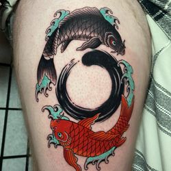 Colorfast Studios - My first tattoo in the books.. Ying and Yang Koi fish circling an ensō circle-- a reminder of the zen mind (all hand drawn)