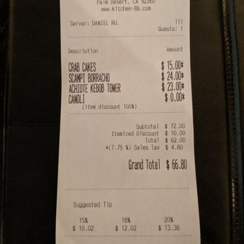 Kitchen 86 - Dinner receipt. - Bars Near Me - Palm Desert, California