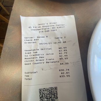 Jenny's Diner - Receipt. Would not remove drink - Diners Near Me - Chesterfield, Missouri Jenny's Diner - Receipt. Would not remove drink - Diners Near Me - Chesterfield, Missouri