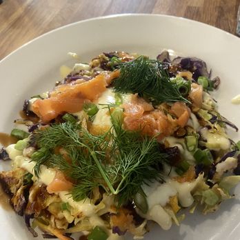 Threefold Cafe - Smoked salmon okokomiyaki - Breakfast & Brunch Near Me - Coral Gables, Florida Threefold Cafe - Smoked salmon okokomiyaki - Breakfast & Brunch Near Me - Coral Gables, Florida
