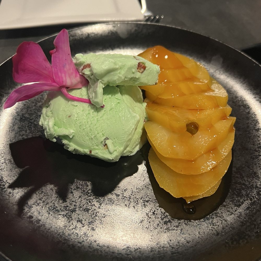 Fern - Pear dessert with pistachio ice cream - New American Near Me - West Palm Beach, Florida Fern - Pear dessert with pistachio ice cream - New American Near Me - West Palm Beach, Florida
