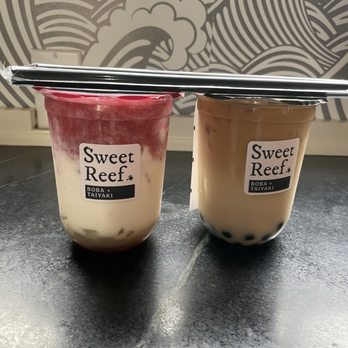 Sweet Reef - Strawberry Milk (w/ Lychee Jelly) + Dirty Horchata (w/ Boba) - Coffee & Tea Near Me - Morro Bay, California Sweet Reef - Strawberry Milk (w/ Lychee Jelly) + Dirty Horchata (w/ Boba) - Coffee & Tea Near Me - Morro Bay, California