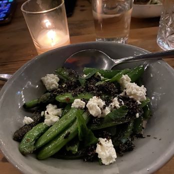 Manuela - Blistered Snap Peas, Black Quinoa, Sesame Date Butter, Feta - New American Near Me - Los Angeles, California Manuela - Blistered Snap Peas, Black Quinoa, Sesame Date Butter, Feta - New American Near Me - Los Angeles, California