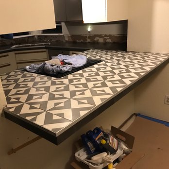 Roberto's Tile Company - Graphic cement tile countertop with charcoal cement tile edge - Tiling Near Me - Sunnyvale, California Roberto's Tile Company - Graphic cement tile countertop with charcoal cement tile edge - Tiling Near Me - Sunnyvale, California