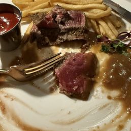 Rare beef and French fries. Yummy.