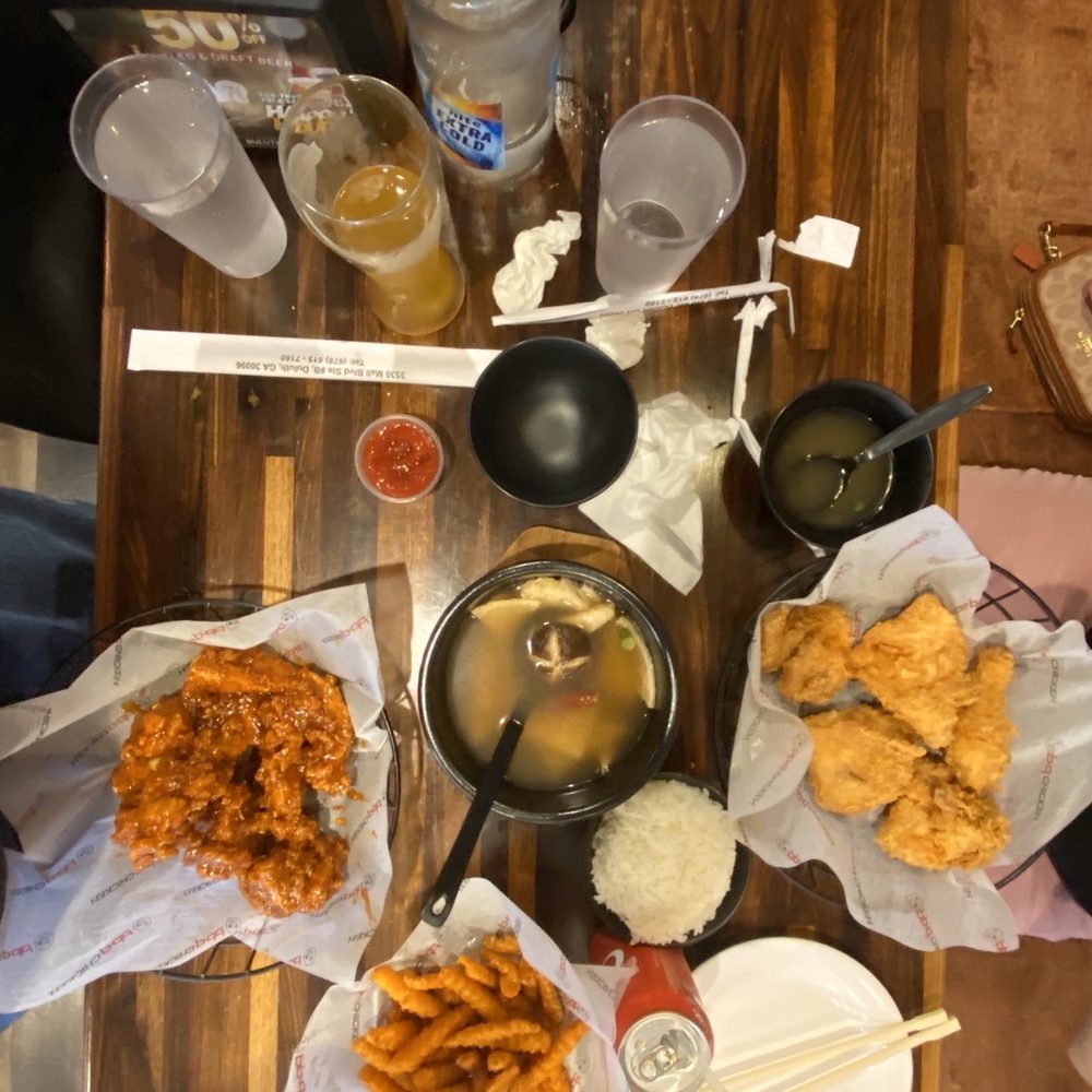 bb.q Chicken Duluth - Our whole meal: Secret Spicy Boneless, Regular Half Chicken, fish cake soup, steamed rice, and Sweet Potato Fries. - Korean Near Me - Duluth, Georgia bb.q Chicken Duluth - Our whole meal: Secret Spicy Boneless, Regular Half Chicken, fish cake soup, steamed rice, and Sweet Potato Fries. - Korean Near Me - Duluth, Georgia