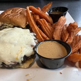 Burger and sweet potato fries