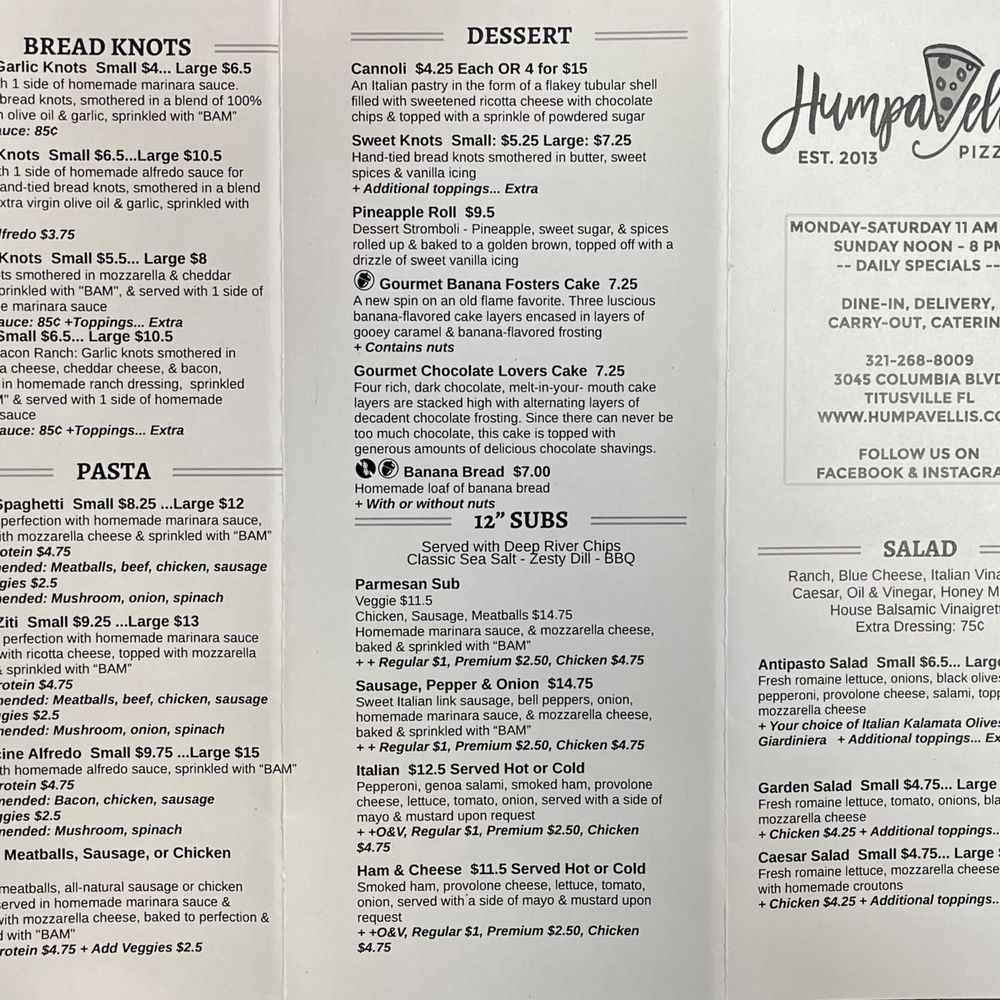 Humpavelli's Pizza - Menu - front - Pizza Near Me - Titusville, Florida Humpavelli's Pizza - Menu - front - Pizza Near Me - Titusville, Florida