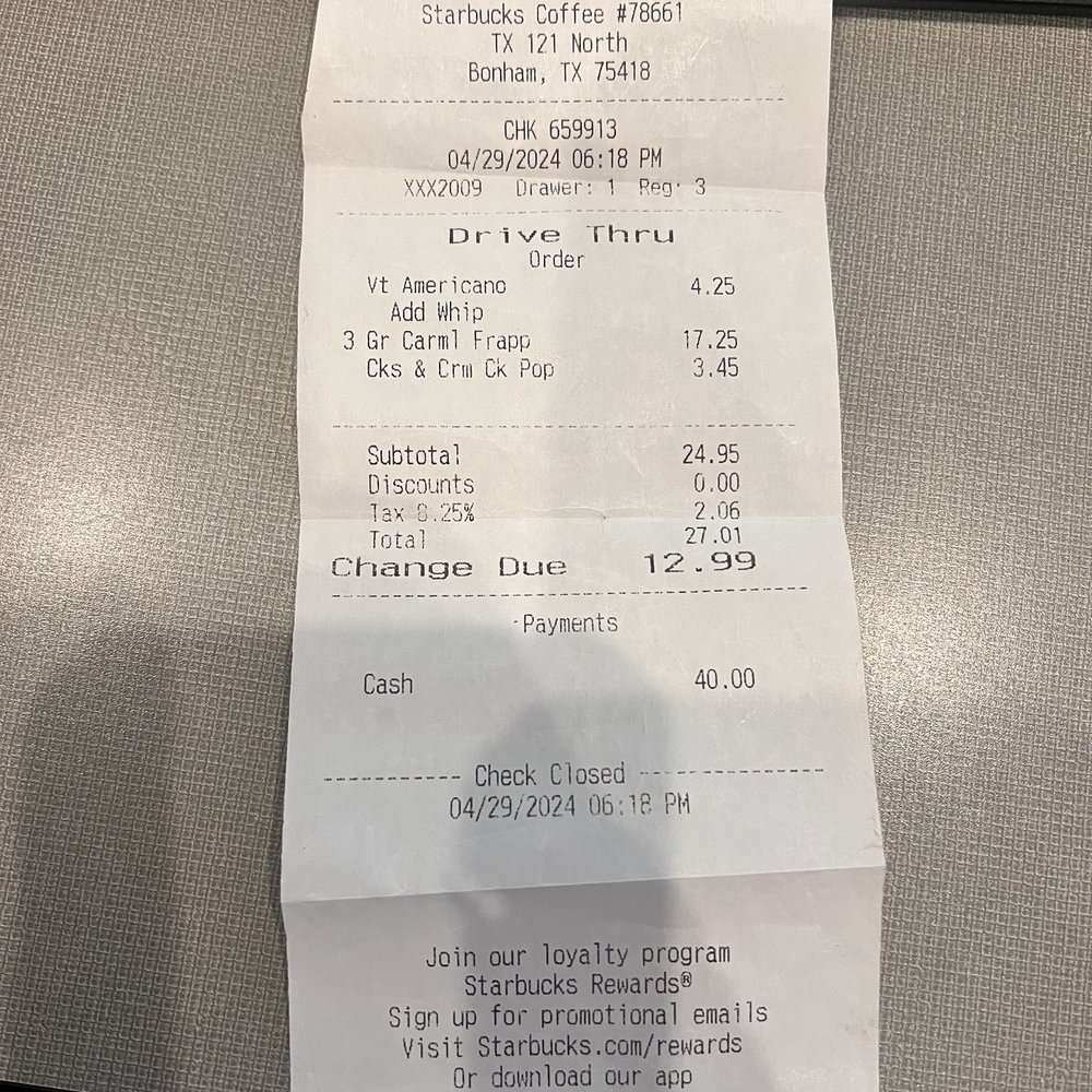 Starbucks - My proof receipt of receiving reprehensible poor service from Sophia at the Starbucks located in Bonham TX off of 121/82 - Coffee & Tea Near Me - Bonham, Texas Starbucks - My proof receipt of receiving reprehensible poor service from Sophia at the Starbucks located in Bonham TX off of 121/82 - Coffee & Tea Near Me - Bonham, Texas