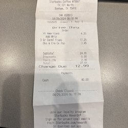 Starbucks - My proof receipt of receiving reprehensible poor service from Sophia at the Starbucks located in Bonham TX off of 121/82
