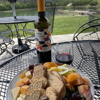 Piazza Messina - Sunday wine outing - A metal outdoor table holds a cheese platter with various cheeses, crackers, grapes, strawberries, and sliced fruit. A glass of red wine and a bottle labeled 'Forte do Cego' are also on the table. The background features a grassy area, a lake, trees, and a small pavilion, indicating a lakeside outdoor setting for a picnic or casual gathering. - Venues & Event Spaces Near Me - Cottleville, Missouri