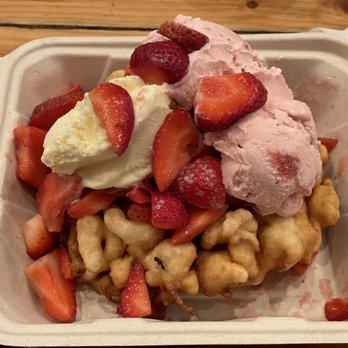 Endless Summer Sweets - Funnel cake with strawberries and vanilla/strawberry ice cream. - Desserts Near Me - Berkeley, California Endless Summer Sweets - Funnel cake with strawberries and vanilla/strawberry ice cream. - Desserts Near Me - Berkeley, California