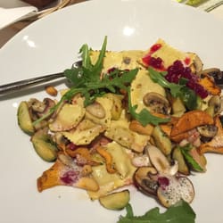 Hotel Waldhuus Davos - Mushroom ravioli with chanterelles, Brussels sprouts and cranberries.