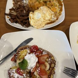 Asada Chilaquiles Plate & Strawberry Banana Brioche French Toast Asada Chilaquiles Plate & Strawberry Banana Brioche French Toast