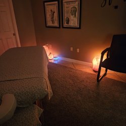 Quiet office softly lit with the glow of salt lamps