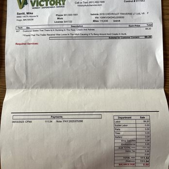 Victory Tire & Auto - 2nd bill when they were still looking at the wrong side and charging me for idk what - Tires Near Me - Fridley, Minnesota Victory Tire & Auto - 2nd bill when they were still looking at the wrong side and charging me for idk what - Tires Near Me - Fridley, Minnesota