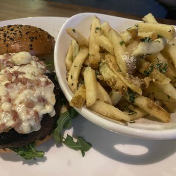 Yard House - Bleu Cheese & Bacon burger with truffle fries - New American Near Me - Sacramento, California Yard House - Bleu Cheese & Bacon burger with truffle fries - New American Near Me - Sacramento, California
