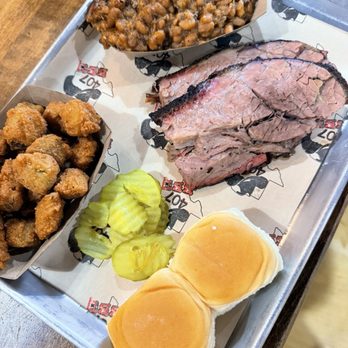 407 BBQ - Brisket Meal Plate with Fried Okra and Baked Beans - Barbeque Near Me - Argyle, Texas