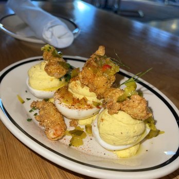 La Lucha - Deviled eggs w fried shrimp - Seafood Near Me - Houston, Texas La Lucha - Deviled eggs w fried shrimp - Seafood Near Me - Houston, Texas