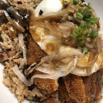 Da Kitchen Maui - Amazingly delicious! This is a Katsu Moco made of a hamburger patty, katsu, eggs, onion, mushrooms and gravy on top of the BEST fried rice. - Hawaiian Near Me - Kihei, Hawaii