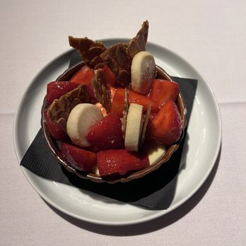 The Arbour - Olive oil mousse with strawberries and almond brittles just hit the spot. - New American Near Me - Pasadena, California