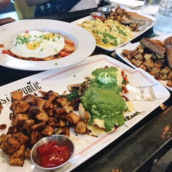 Breakfast Republic - Front: mushroom n' pesto benedict Back: Breakfast jambalaya and vegan madras curry - Breakfast & Brunch Near Me - San Diego, California Breakfast Republic - Front: mushroom n' pesto benedict Back: Breakfast jambalaya and vegan madras curry - Breakfast & Brunch Near Me - San Diego, California