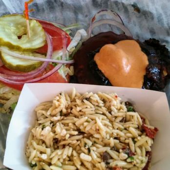Windy Corner Market - Bourbon deluxe burger with Greek orzo salad - American Near Me - Lexington, Kentucky Windy Corner Market - Bourbon deluxe burger with Greek orzo salad - American Near Me - Lexington, Kentucky