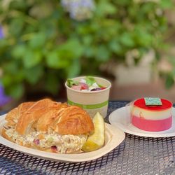 Summer salad chicken croissant sandwich, red berry mascarpone, summer garden greens (08/2023)