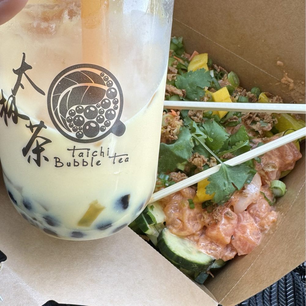 Taichi Bubble Tea - Small mango milk tea, 1 Protein Salad Bowl (spicy salmon) - Ramen Near Me - Tucson, Arizona Taichi Bubble Tea - Small mango milk tea, 1 Protein Salad Bowl (spicy salmon) - Ramen Near Me - Tucson, Arizona
