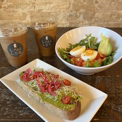 Lawlss Coffee - Iced smoked mocha latte iced dirty chai latte avocado toast savory breakfast bowl